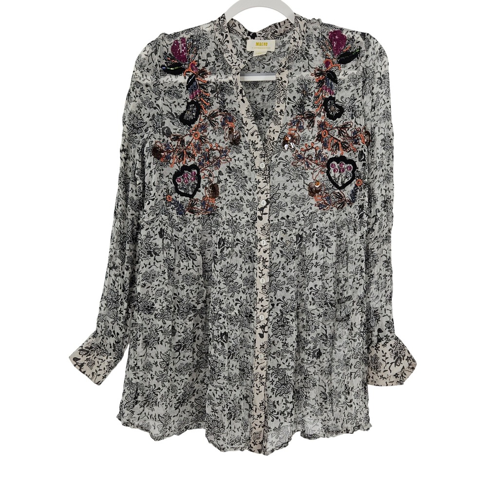 Maeve Boho Peasant Embroidered Beaded Sheer Floral Blouse Ivory Black Tunic XS